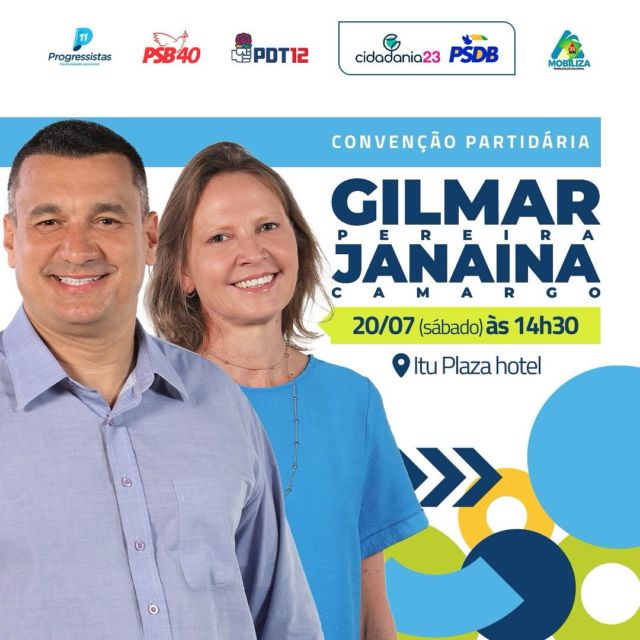 É com grande alegria que convidamos todos vocês para a nossa tão esperada Convenção Partidária! Este é um momento crucial para o futuro de Itu, gostaria de contar com a sua presença prestigiando este grande evento.

Nosso encontro será no dia 20/07 (sábado), às 14h30, no Itu Plaza Hotel (Alameda das Amoreiras, 81 - Jardim Paraiso II). Venha fazer parte dessa história!

#convenção #continuidade #gilmarpereiraitu